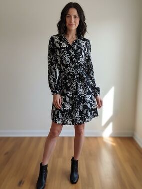Well Worn Black and White Floral Tie-Waist Long Sleeve Dress